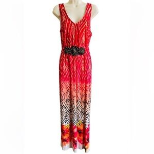 Robbie Bee Women’s Sleeveless Maxi Dress Floral Diamond Print Medium Beaded Belt